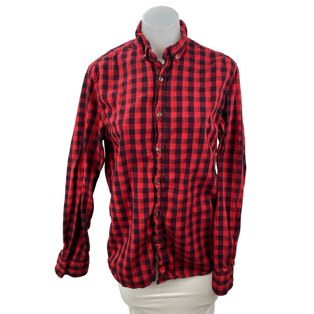 MNG Mango Women's Red Black Gingham Check Long Sleeve Button Up Shirt Top Size S